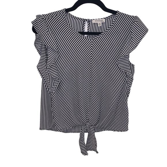 Monteau Black and White Stripped Ruffle Short Sleeve Tie Front Top Size M - Picture 1 of 6